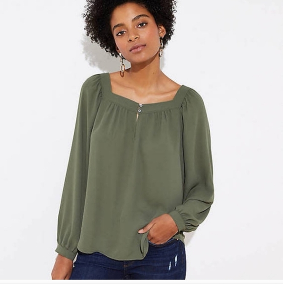 Loft Women's Military Green Square Neckline Long Sleeve Blouse Small - Picture 1 of 7